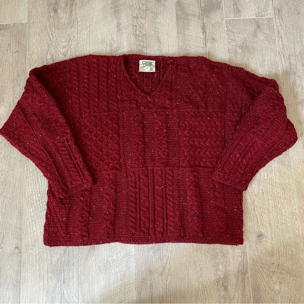 Carrig Donn Aran Irish Wool Fisherman Patchwork Boxy Sweater large Marled Red - Picture 3 of 6